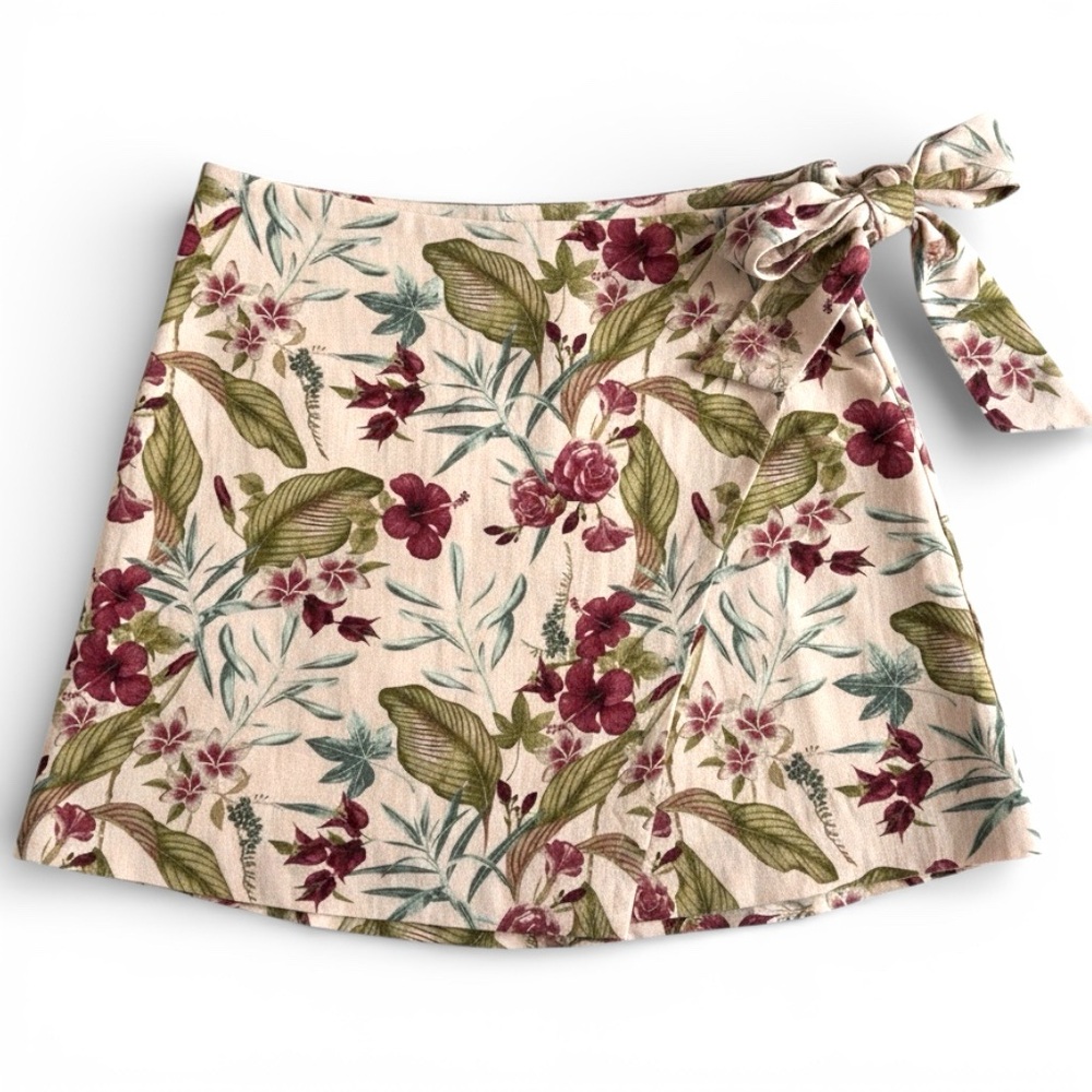 Maison d'Amelie Size M Lined Linen Blend Tropical Floral Print Faux Wrap Skirt